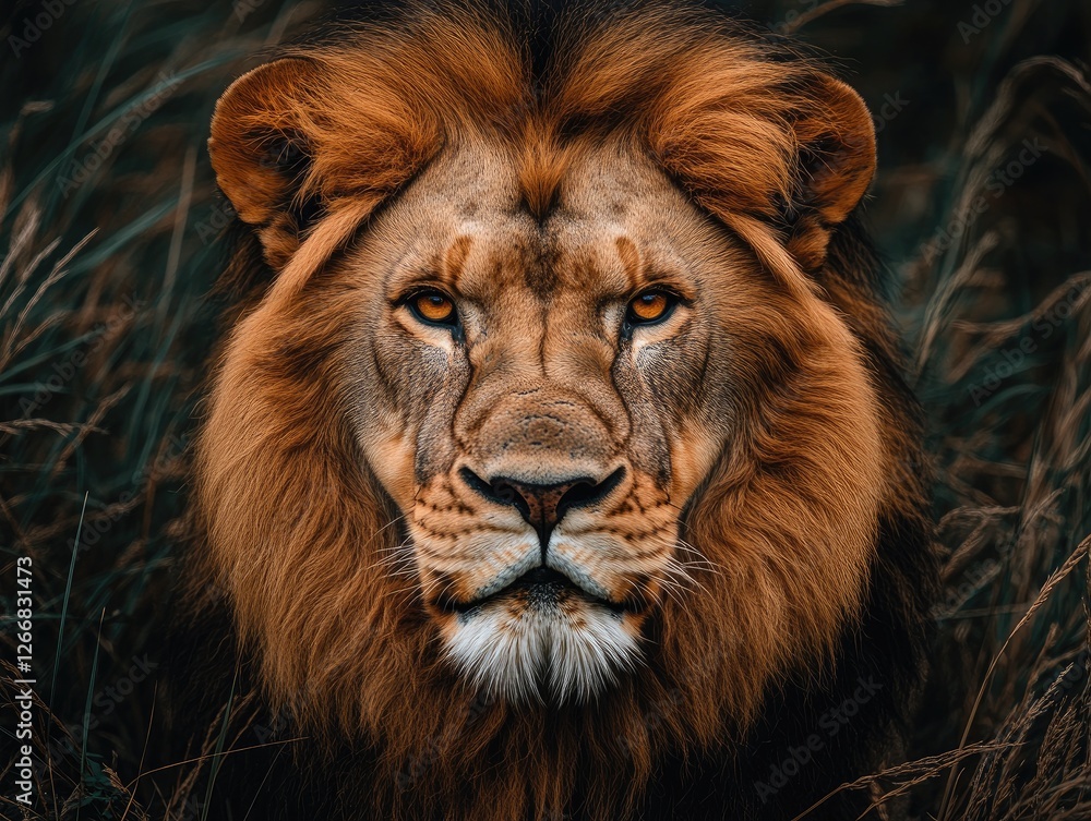 Majestic male lion portrait, intense gaze. Perfect for wildlife, power, or nature themes. Majestic male lion portrait, intense gaze. Perfect for wildlife, power, or nature themes.