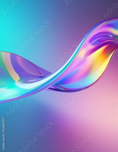 3d holographic ribbon glass morphism wave line isolated on abstract background render. Iridescent curve liquid shape with colorful hologram gradient. Multicolored Glass Background