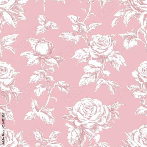 seamless pattern outline white Rose floral with bow coquette, outline sketch white toile