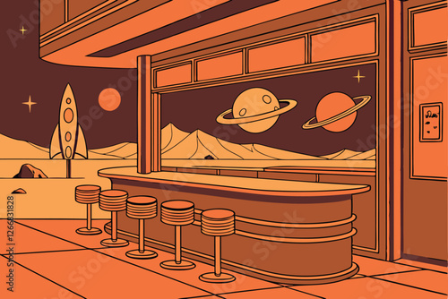   Retro-futuristic space diner, lunar landscape, circular bar counter, orange neon lighting, 1950s style stools, planet Earth visible through panoramic window, floating celestial bodies, spaceship pa