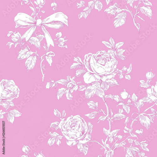 seamless pattern outline white Rose floral with bow coquette, outline sketch white toile