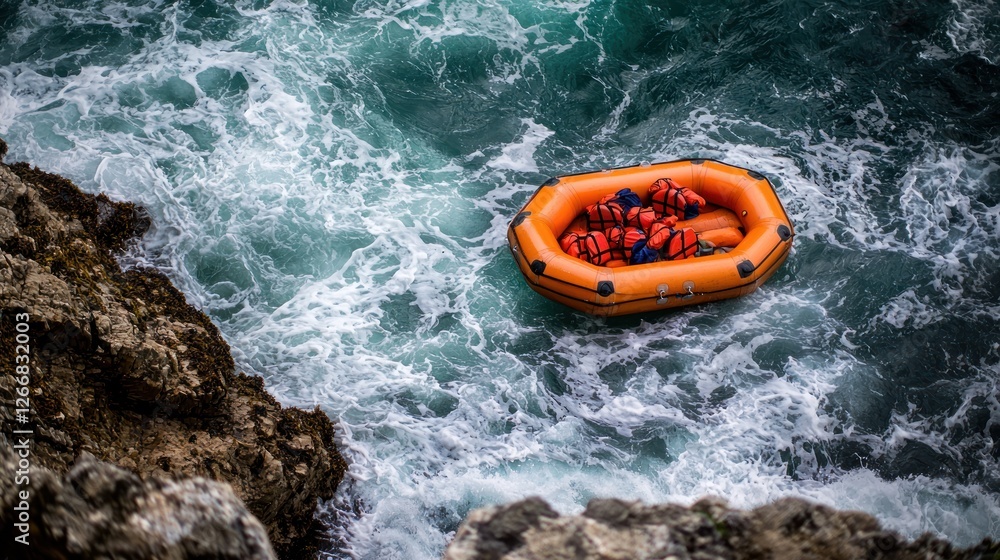 Fototapeta premium Orange Raft Navigating Turbulent Waters near Rocky Coastline