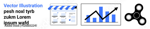 Vector elements include a storefront, increasing bar chart, and a fidget spinner. Ideal for online business, growth strategies, market analysis, engagement tactics, productivity tools, fun elements