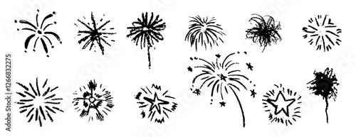 Fireworks cute pencil lines doodle elements for birthday, anniversary. Set of black color sketches in style of lightning, explosion, sun rays, firecrackers, sparkles, motion effects. Vector