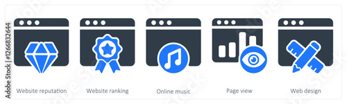 A set of 5 seo icons as website reputation, website ranking, online music