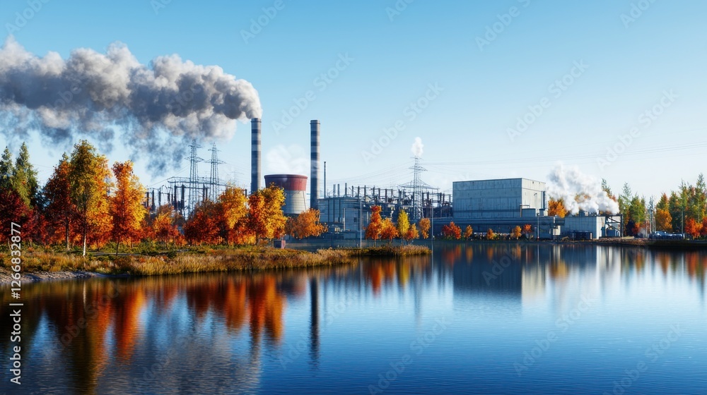 Naklejka premium Autumnal industrial complex reflected in tranquil lake