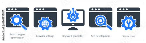 A set of 5 seo icons as search engine optiimization, browser settings, keyword generator
