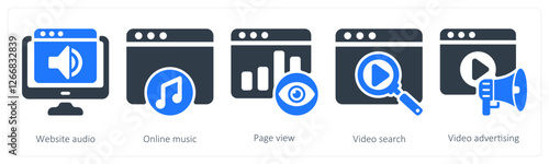 A set of 5 seo icons as website audio, online music, page view