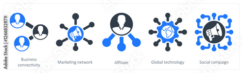 A set of 5 seo icons as business connectivity, marketing network, affiliate