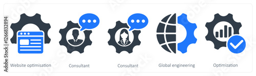 A set of 5 seo icons as website optimization, consultant, global engineering