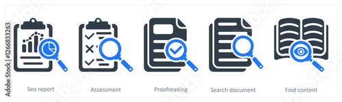 A set of 5 seo icons as seo report, assessment, proofreading