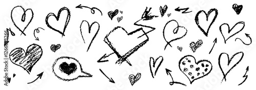 Set of black hearts signs drawn by wax pencil. Love symbols in doodle style. Collection of hand drawn kid hearts elements for valentine card or rock, hip hop music poster design. Vector illustration