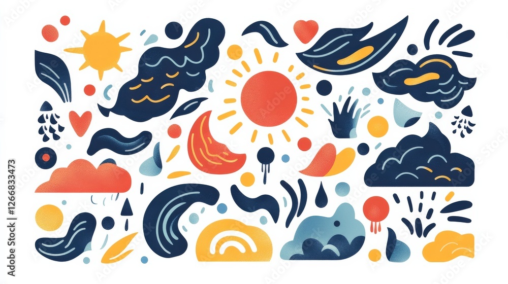 Colorful abstract weather-themed illustration featuring sun, clouds, and raindrops Colorful abstract weather-themed illustration featuring sun, clouds, and raindrops