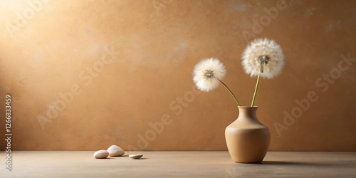 Serene Still Life Two Dandelion Seed Heads in a Tan Vase with Smooth Stones on a Neutral Surface photo