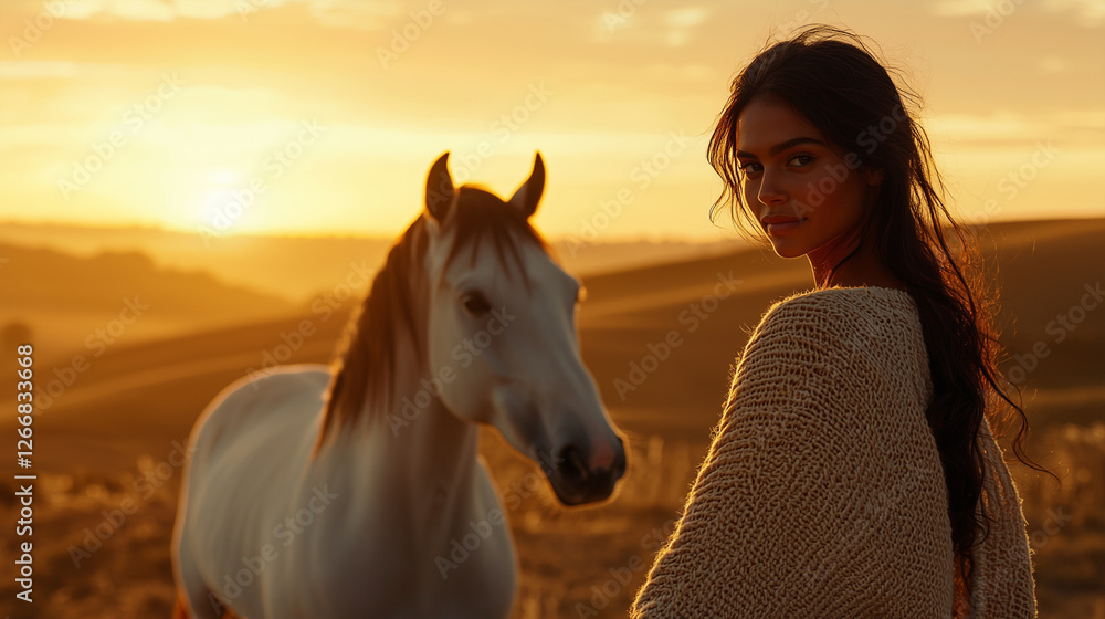 Obraz premium Elegant woman with horse in sunlit meadow