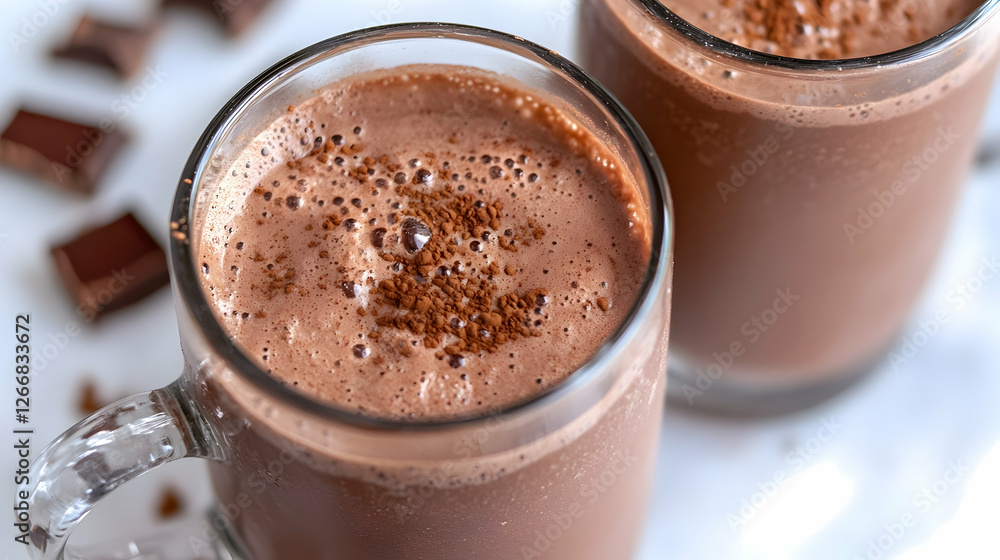 Frothy chocolate smoothie mugs, chocolate pieces, white background, refreshing drink recipe Frothy chocolate smoothie mugs, chocolate pieces, white background, refreshing drink recipe