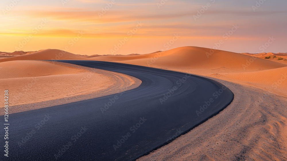 Fototapeta premium A gently curving desert road under a twilight sky, with warm sand dunes on either side
