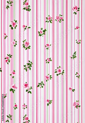 Pink roses on a white background, vintage shabby chic style wallpaper, pink and green floral patterned fabric, pink rose print, vintage textured paper, white striped wallpaper, pink rose flowers,