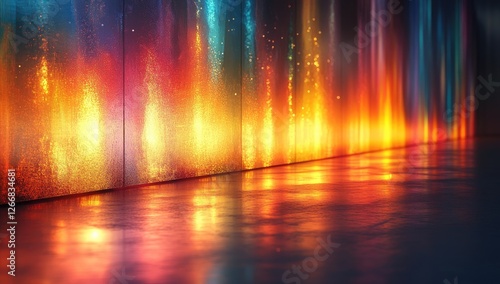 Fototapeta Naklejka Na Ścianę i Meble -  Abstract futuristic interior with vibrant colorful light displays on walls and reflections on a dark concrete floor,  featuring various shades of orange, red, blue, and yellow light, creating a