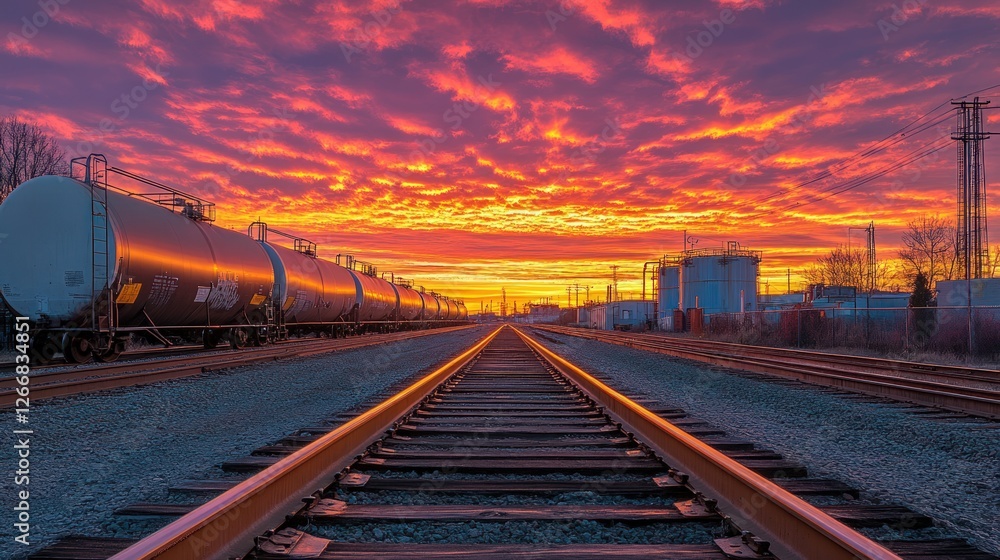 Vibrant sunrise over railroad tracks with tanker cars, industrial landscape in background.