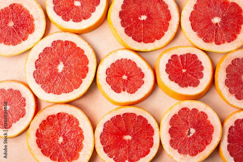 A top down view of slices of red grapefruit, as a background. A top down view of slices of red grapefruit, as a background.