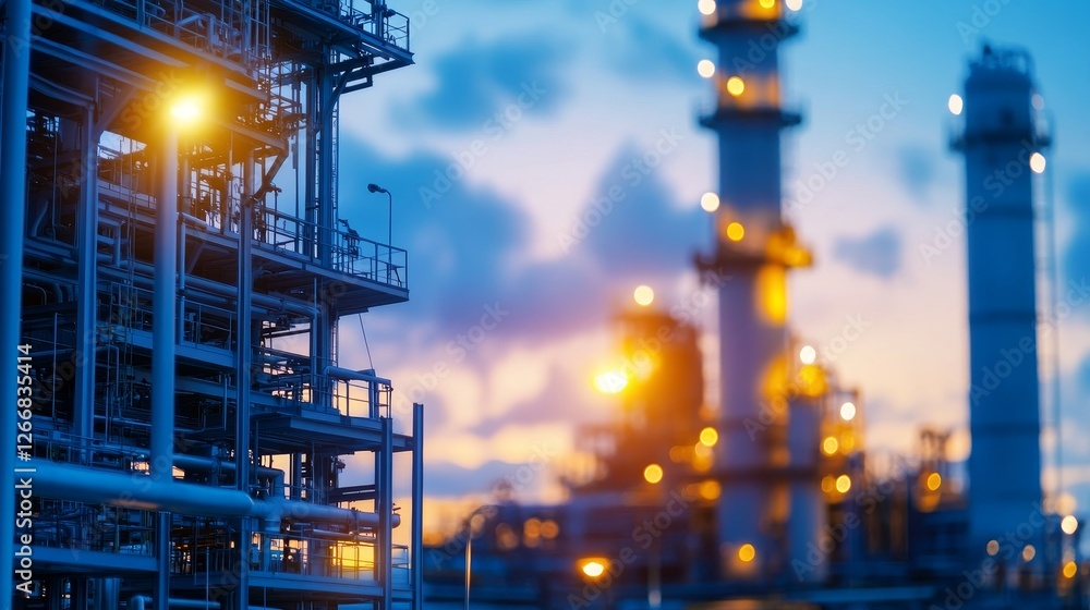 Industrial landscape at dusk showcasing refinery structures with glowing light and clouds Industrial landscape at dusk showcasing refinery structures with glowing light and clouds