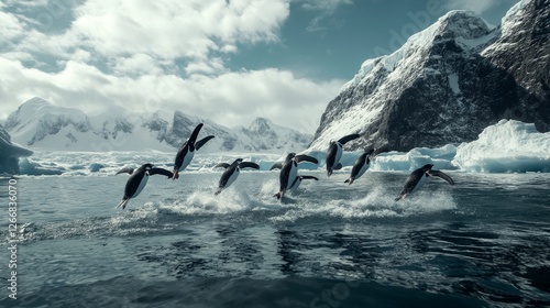 93.A dramatic moment as a group of Adelie penguins dive headfirst into the ocean from the ice floe, their wings outstretched in mid-air, with the rugged Antarctic shoreline of Paulet Island providing