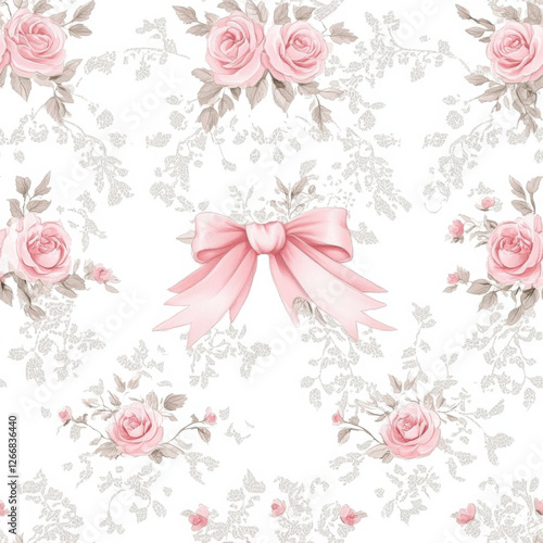 watecolor vintage White background with small pink roses and a lace pattern, a baby girl nursery decor style, white vintage wallpaper