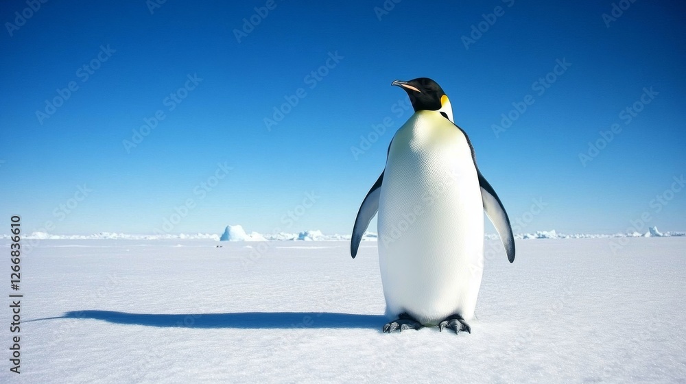 Fototapeta premium 47.An Emperor penguin standing gracefully on the ice, its vibrant black and white feathers set against the clear blue sky and the expansive white icy terrain, showcasing the majesty of the Antarctic