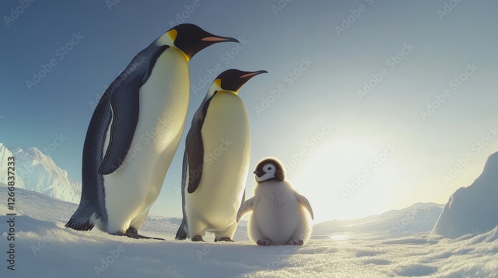 Obraz premium 87.A heartwarming shot of a penguin family, with two adult penguins standing protectively around their baby chick, their bodies forming a protective barrier as they all stand on the snowy ground