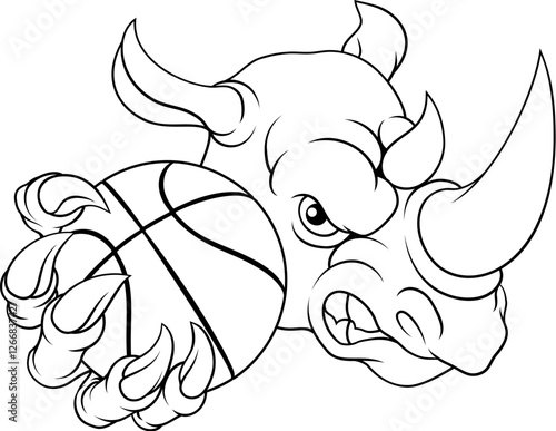 A Rhino Rhinoceros mean tough cartoon sports animal mascot holding a basketball ball