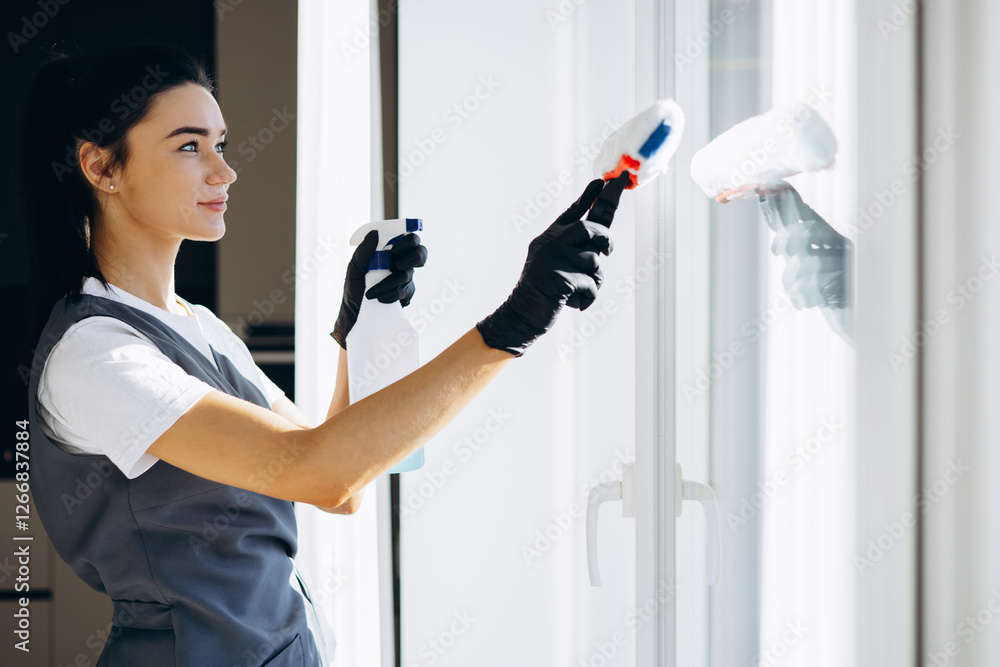 Woman from cleaning service washing windows Woman from cleaning service washing windows