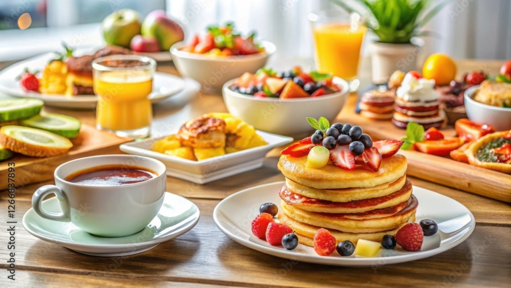 A delightful breakfast spread featuring a stack of fluffy pancakes adorned with fresh berries and a cup of warm tea alongside a variety of fruit salads and pastries. A delightful breakfast spread featuring a stack of fluffy pancakes adorned with fresh berries and a cup of warm tea alongside a variety of fruit salads and pastries.