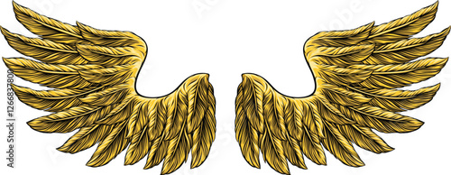 Gold eagle, angel or similar wings in a tattoo illustration vintage woodcut etching style