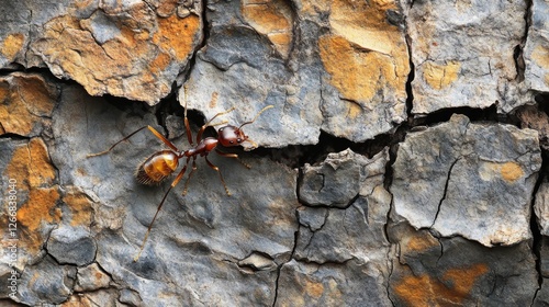 41.A macro perspective of an acrobat ant carefully balancing itself on the jagged surface of tree bark, the fine details of its segmented body and legs clearly visible against the rough natural photo