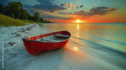 Serene Sunset: Red Rowboat on Sandy Shore