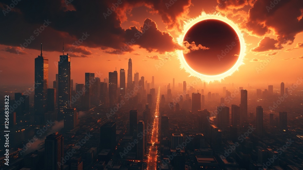 Fototapeta premium Dramatic eclipse casting a shadow over a futuristic metropolis. The urban skyline, bathed in the soft glow of the eclipsed sun