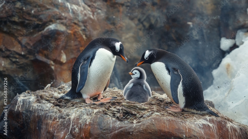 Naklejka premium 73.Two Penguins and Their Baby, Penguin Family in the Antarctic