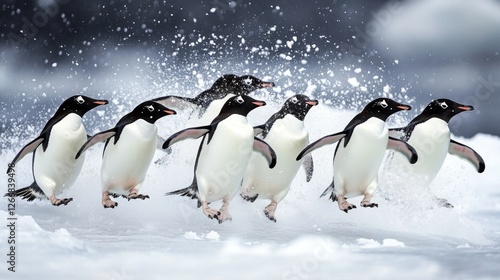 108.A powerful and scenic image of a group of AdÃ©lie penguins navigating the harsh, snowy environment of the South Orkney Islands, their journey a testament to the resilience of these iconic photo