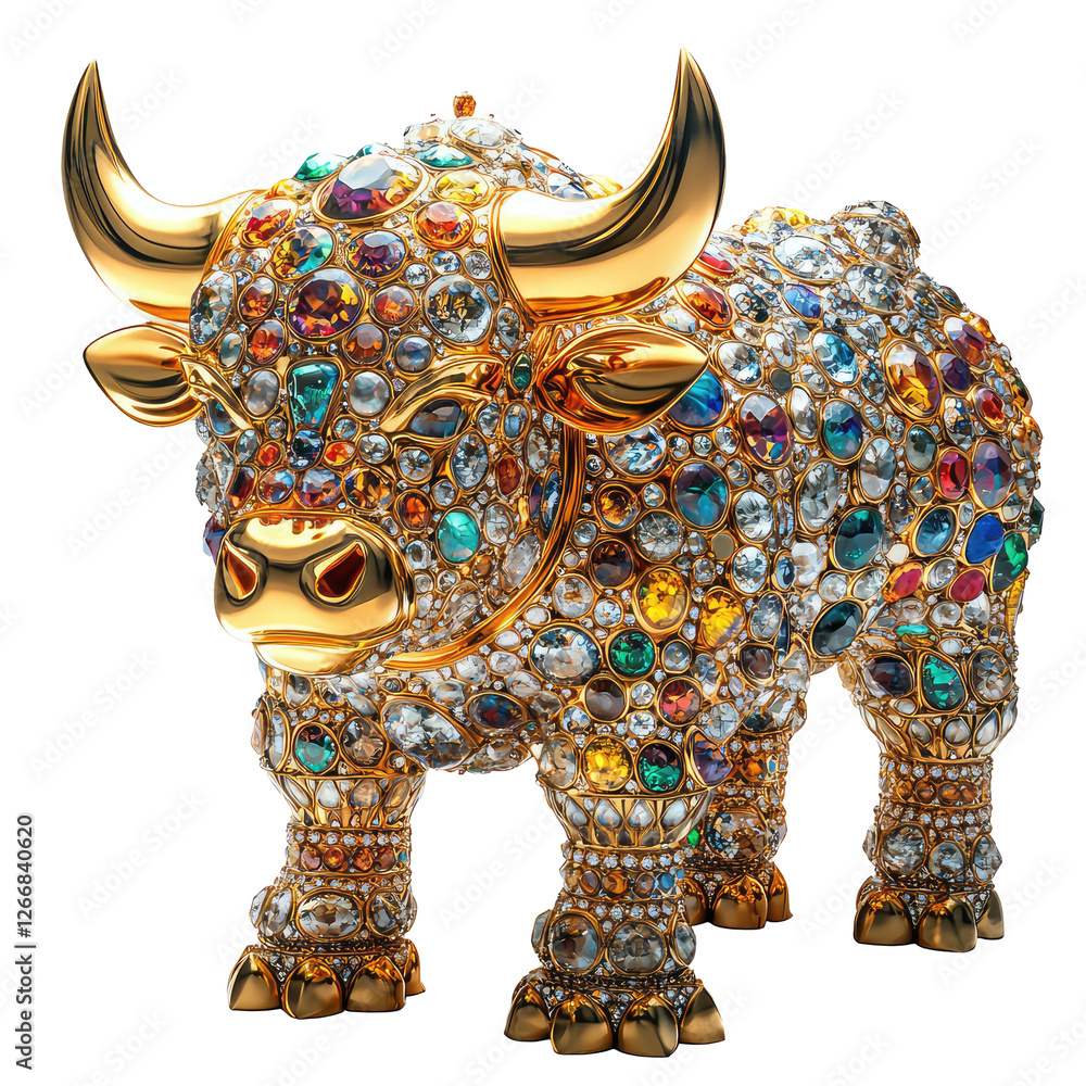 Obraz premium Colorful Gold Sculpture of Banteng Adorned with Gemstones Exhibiting a Stunning Artistic Design