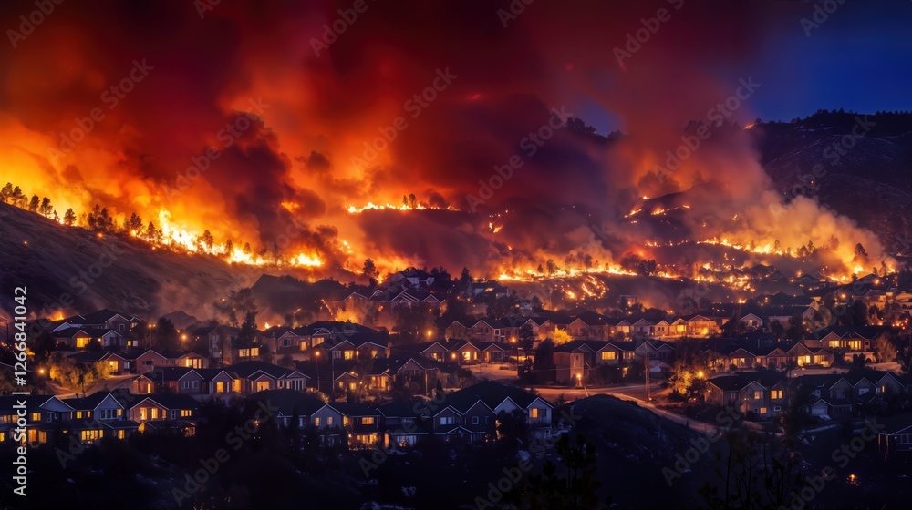 Aerial View of Destructive Wildfire: Flames and Smoke Illuminating Night Sky Over Urban Residential Area Aerial View of Destructive Wildfire: Flames and Smoke Illuminating Night Sky Over Urban Residential Area