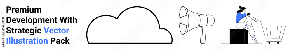 Cloud, megaphone, and person using a phone near a shopping cart represent online storage, digital marketing, and e-commerce. Ideal for technology, marketing, e-commerce, innovation cloud computing Cloud, megaphone, and person using a phone near a shopping cart represent online storage, digital marketing, and e-commerce. Ideal for technology, marketing, e-commerce, innovation cloud computing