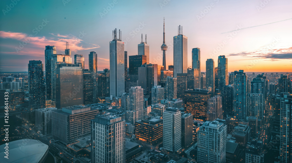 Fototapeta premium Toronto Cityscape Skyline at Sunset: Vibrant Twilight and Beautiful Skies over Iconic Urban Landscape