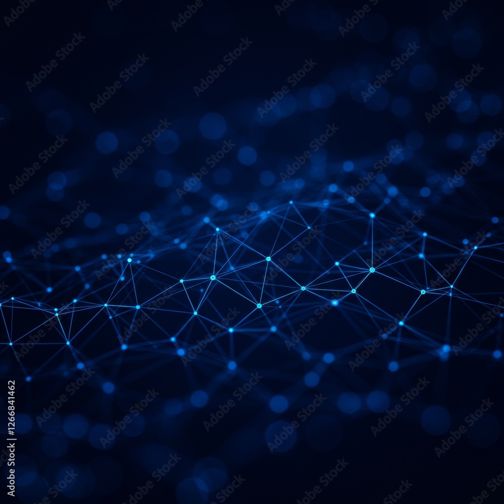 Obraz premium Digital artwork with a dark blue background, featuring a web-like pattern of interconnected light blue lines and glowing nodes, creating a 3D effect with a futuristic, scientific theme.