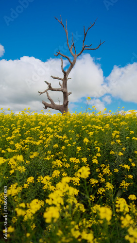 Campo de canola com uma árvore