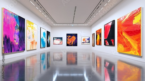 Immersive gallery showcasing vibrant abstract art installations in a modern space