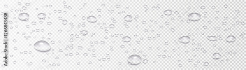 Realistic vector water drops isolated on transparent background. High-quality illustration of droplets after rain, morning dew, and condensation on glass surfaces. Water texture with drops