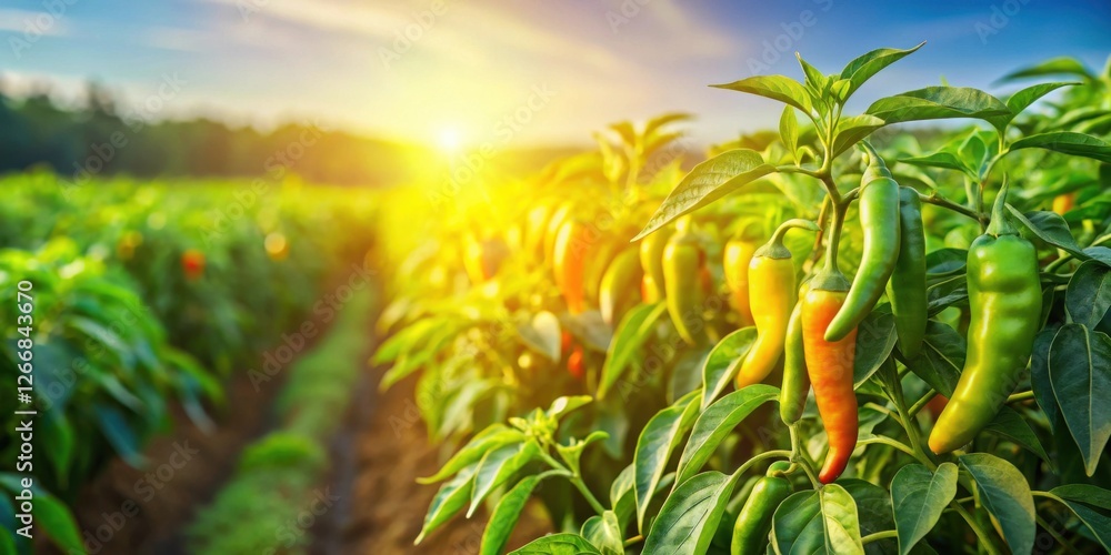 Golden Hour in a Pepper Patch Vibrant Green and Yellow Chili Peppers Growing on Lush Plants Basking in the Warm Sunset Light Golden Hour in a Pepper Patch Vibrant Green and Yellow Chili Peppers Growing on Lush Plants Basking in the Warm Sunset Light