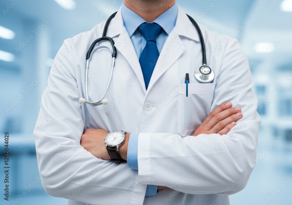 A male doctor in a white lab coat with a stethoscope, arms crossed, standing in a blurred clinical setting with soft lighting.
A male doctor in a white lab coat with a stethoscope, arms crossed, standing in a blurred clinical setting with soft lighting.