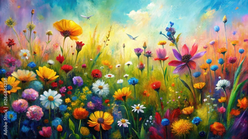 Vibrant Wildflower Meadow Painting A Lush Display of Colorful Blossoms Under a Sunny Sky Vibrant Wildflower Meadow Painting A Lush Display of Colorful Blossoms Under a Sunny Sky
